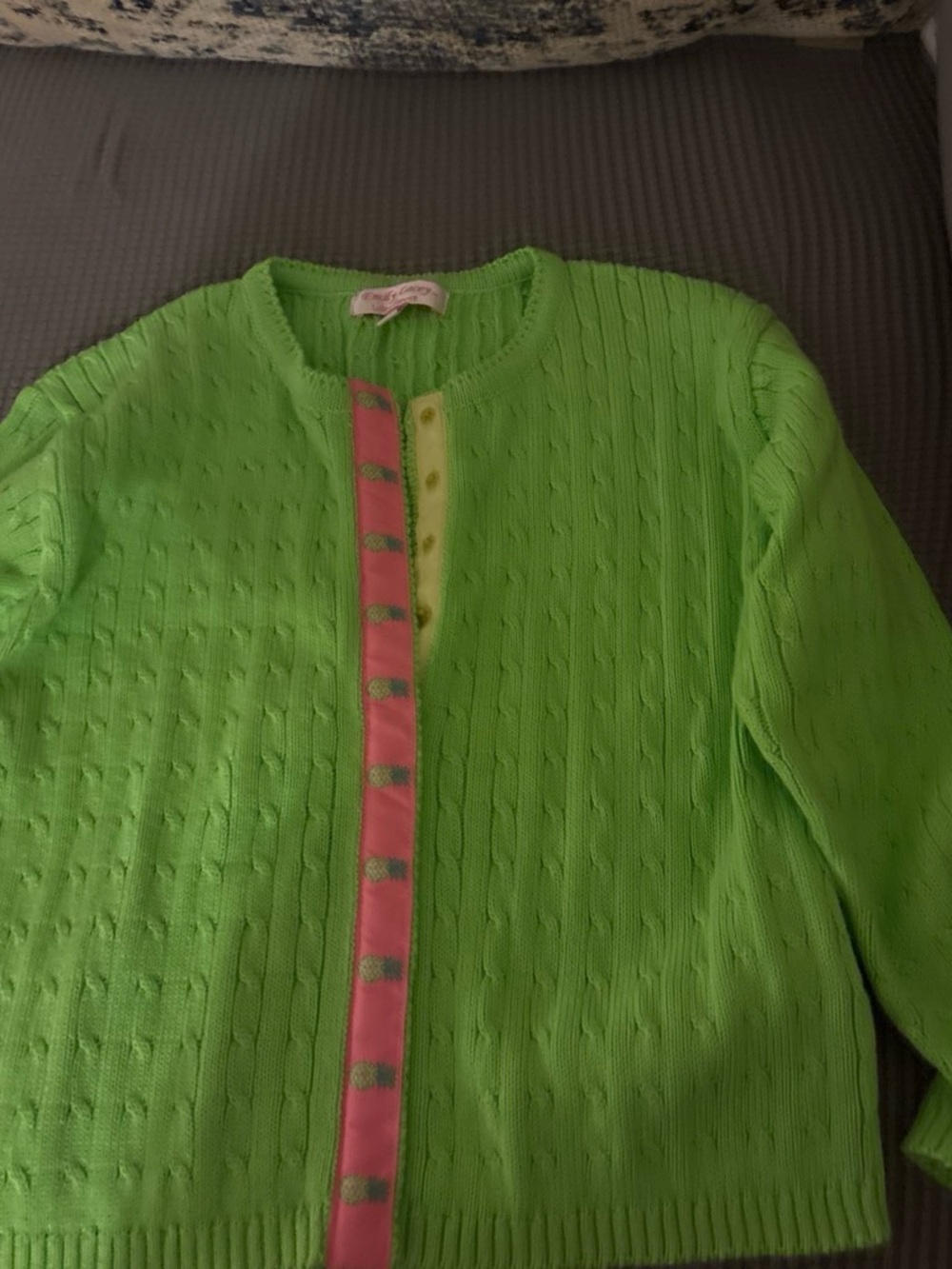 Girls Lime Green Cable-Knit Cardigan with Pink Trim